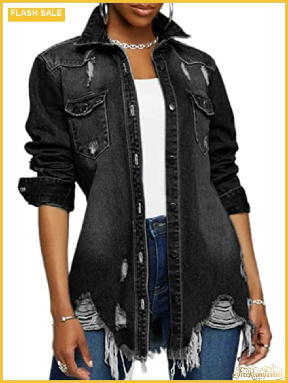 Oversized Ripped Denim Jacket Women Button Down Long Sleeve